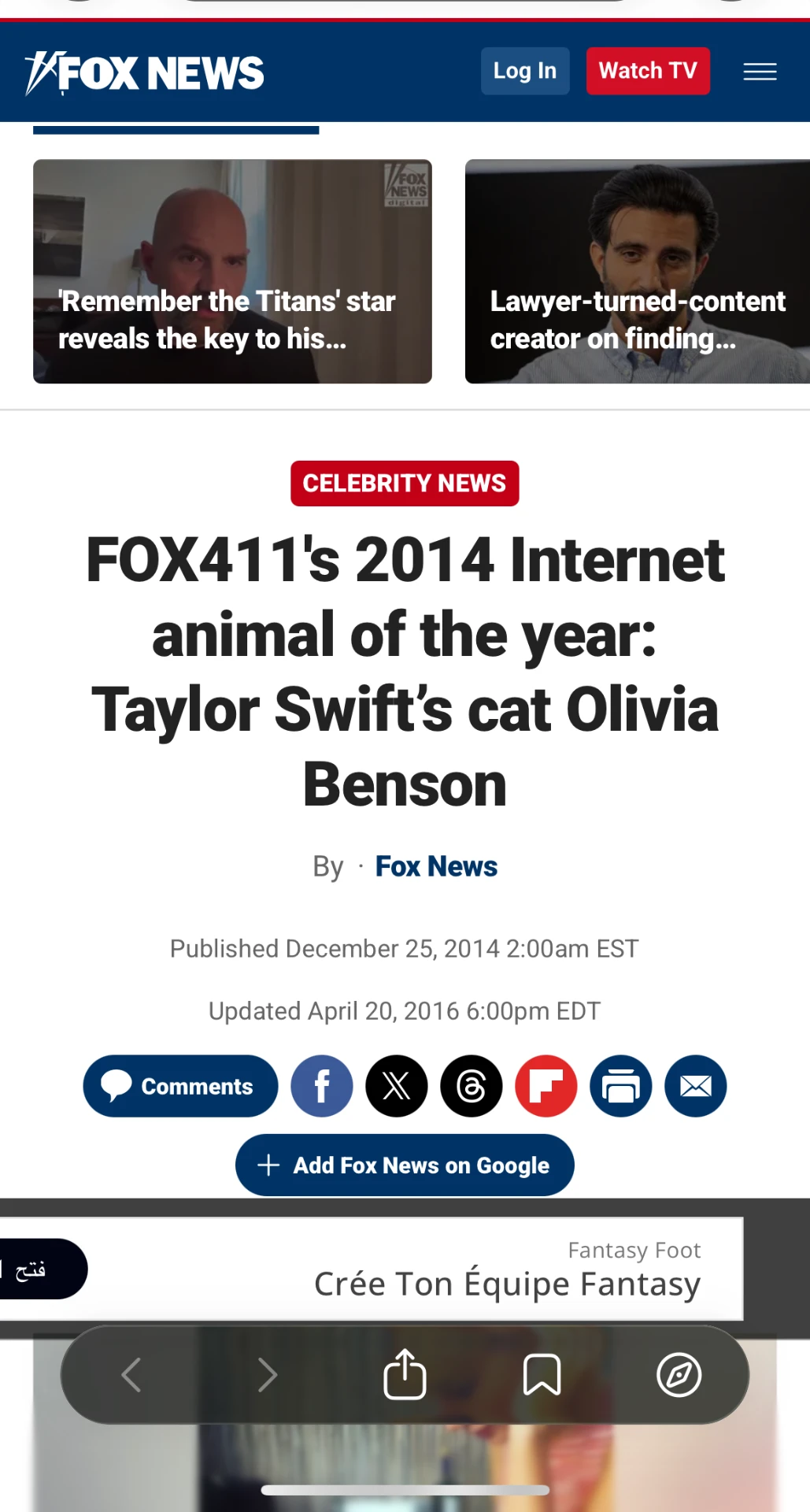FOX News article naming Olivia Benson internet animal of the year