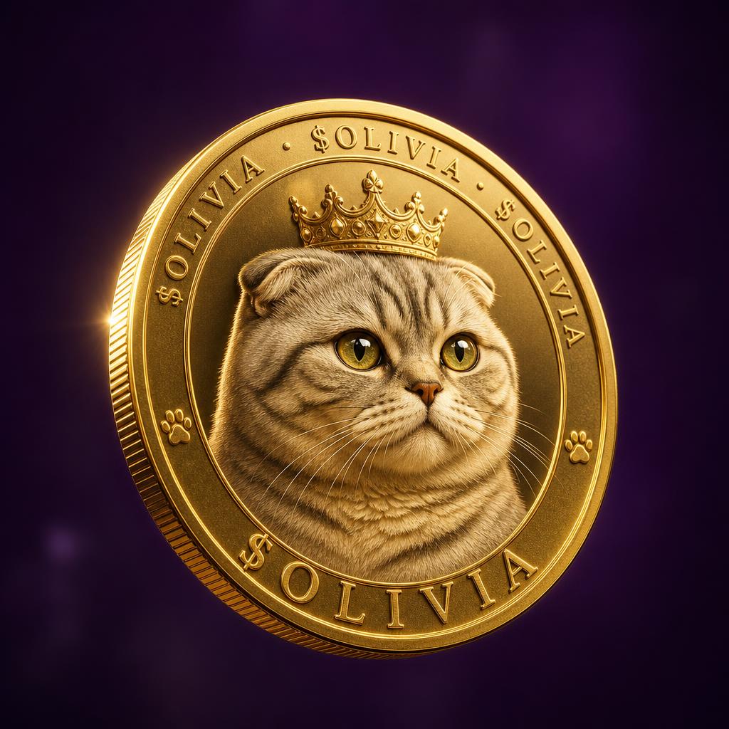 Gold $OLIVIA coin featuring a crowned Scottish Fold cat